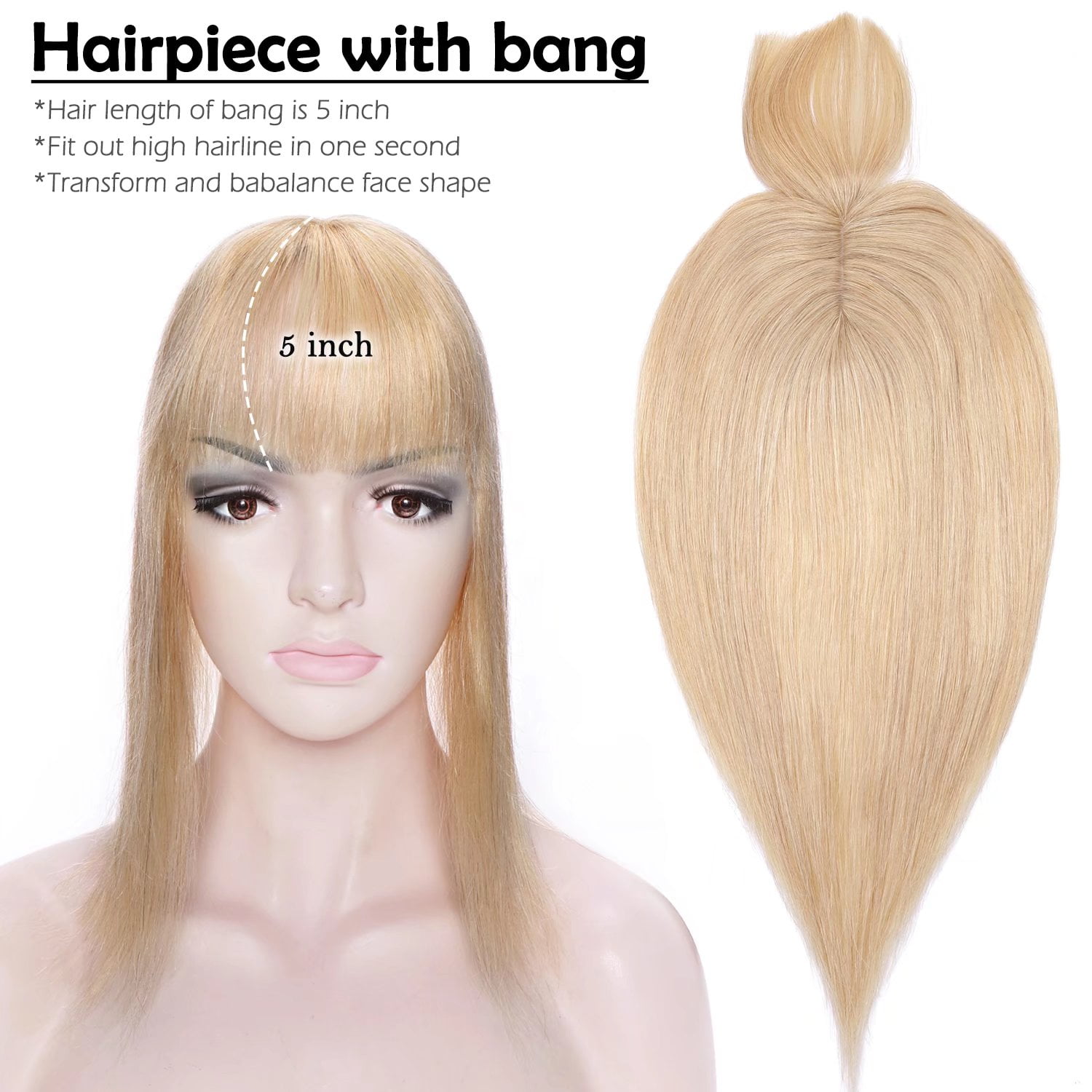 Benehair Clip In Remy Human Hair Extensions Silk Base Topper Hairpiece With Bangs Toupee Wig for Women Hair Loss 4 clips Blonde