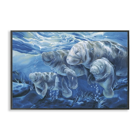 Stupell Industries Underwater Manatee Family Animals Painting Black Framed Art Print Wall Art, 18 x 12