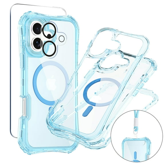Allytechgroup iPhone 16 Plus Case with Screen Protector & Camera Lens Screen Protector & Hand Strap, [Compatible with Magsafe] Transparent Clear Protective Phone Case for Women Men, Blue