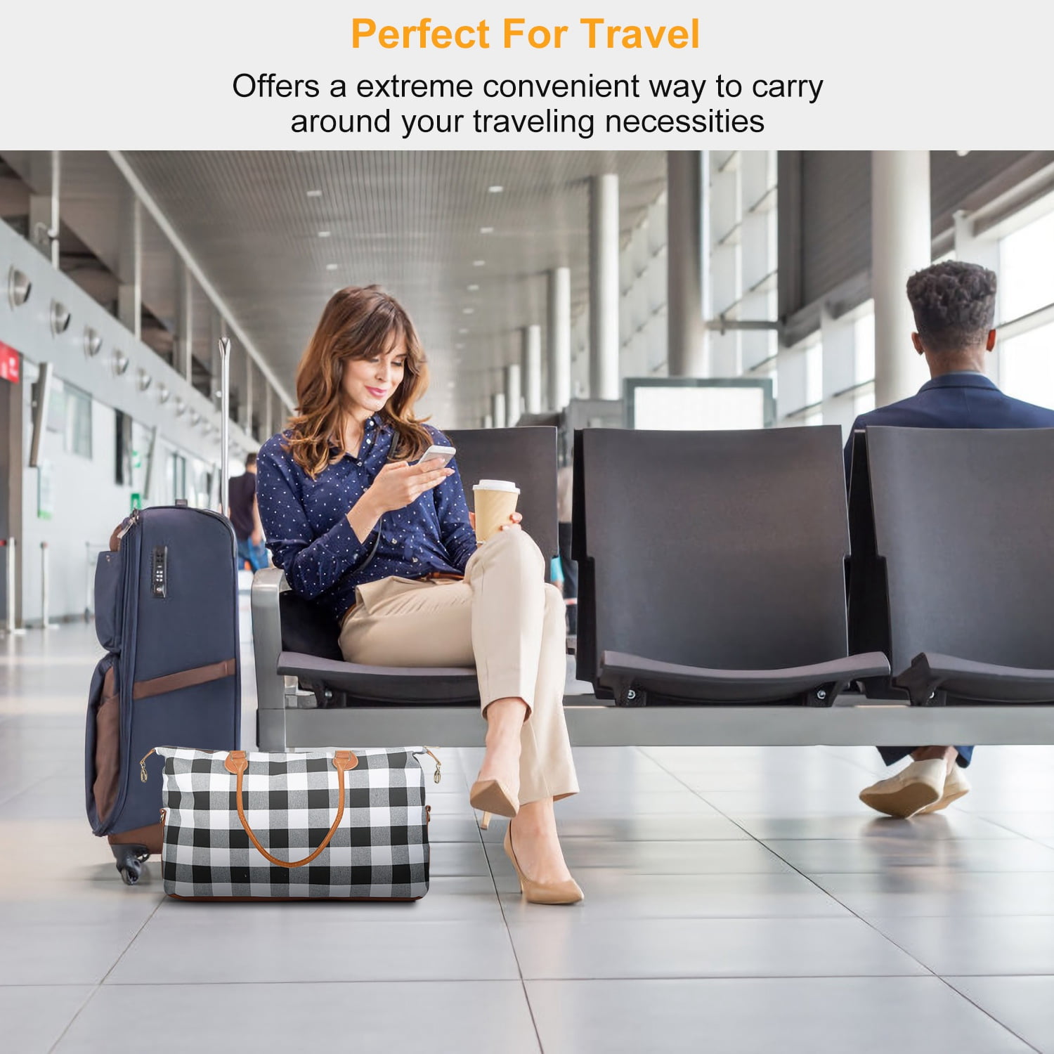 Moclever Women Duffle Bag Weekend Overnight Bag Tote Bags Portable Diaper Bag Outdoor, White Plaid