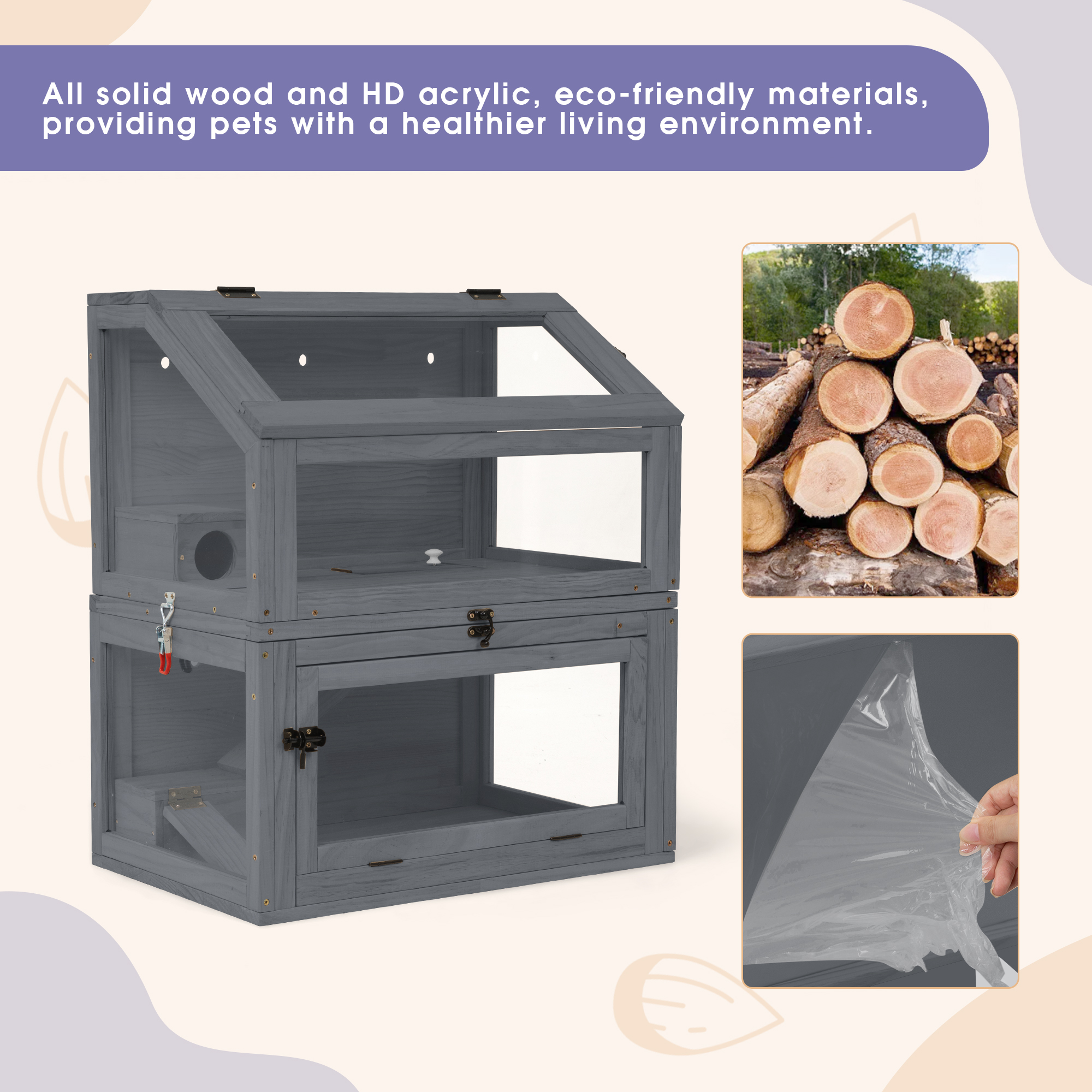 COZIWOW 2-Tiers Wood Hamster Cage with Hideouts, Ramps, Acrylic Window, Door Access for Small Animals, Gray