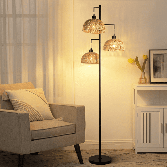 Elegant 3 Heads Boho Rattan Floor Lamp With Stylish Cage Shade Design