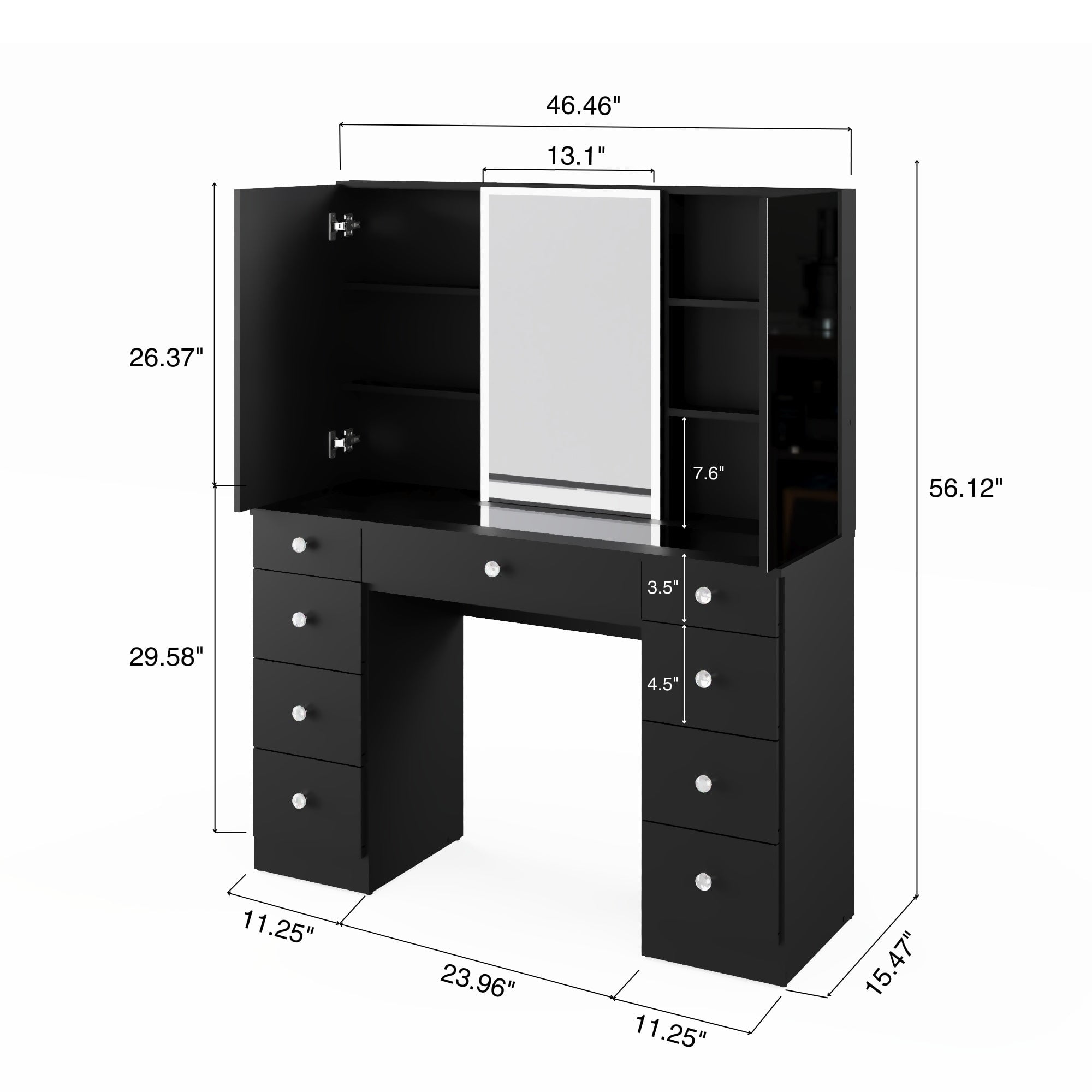 Boahaus Noah Vanity Desk with Tri-Fold Mirror, Glass Top, LED Add-On Lights, and 9 Drawers