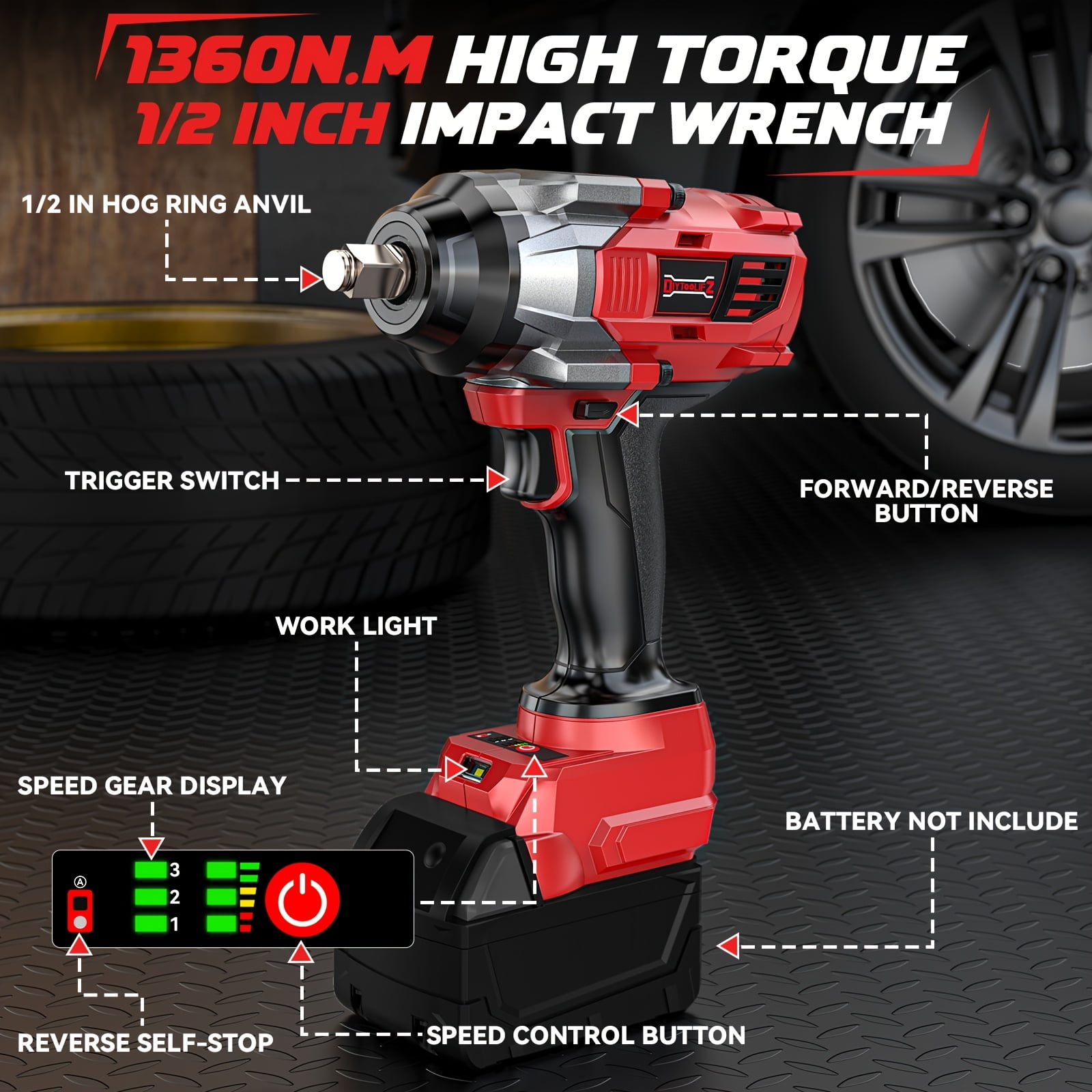 Cordless Impact Wrench 1/2” Compatible with Milwaukee 18v Battery(Bare Tool), 1000FT-LBS High Torque Impact Driver, Electric Impact Gun with LED Light, Variable Speeds, 4-Speed Control