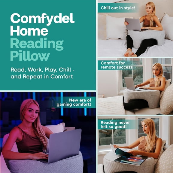 Memory Foam Reading Pillow with Arm Rests & Pocket |   Lap Desk for Laptop, Reading and Relaxing on Bed, Couch, or Floor, Armrest and Gaming Pillow – Ideal for Ultimate Comfort and Support