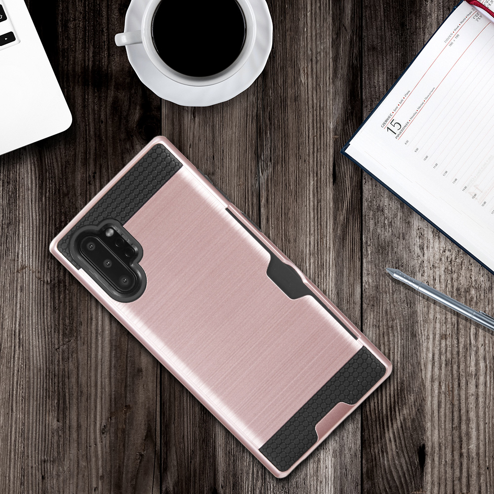 Rugged Hybrid Case Designed for Galaxy Note 10+/10+ 5G (2019) With Credit Card Slot And Rotating Ring Holder (Rose)