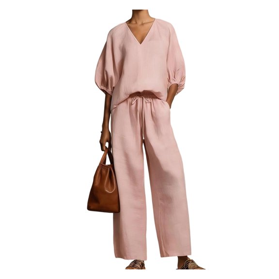 Quixlent Women's Casual 2 Piece Lounge Sets Puff Half Sleeve V Neck Top And Wide Leg Pants Travel Vacation Outfits with Pockets