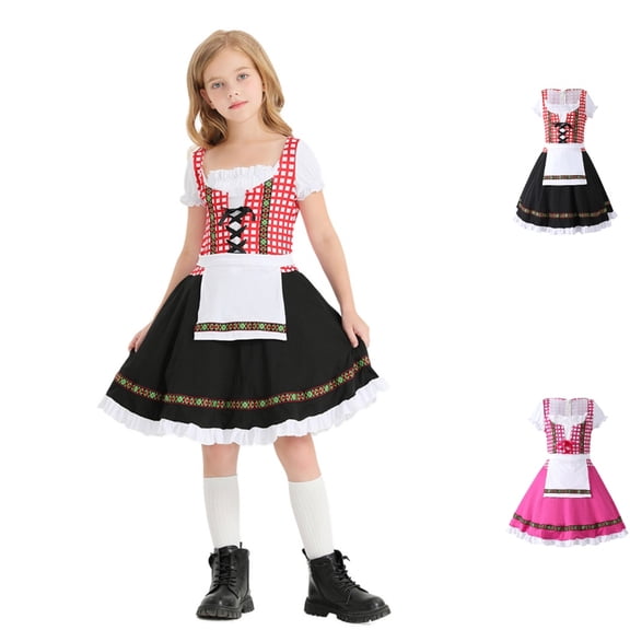 HJYCHN Girls Dresses Short Sleeve Oktoberfest Plaid Dress with Apron for Carnival Kids Dress 7-9 Years