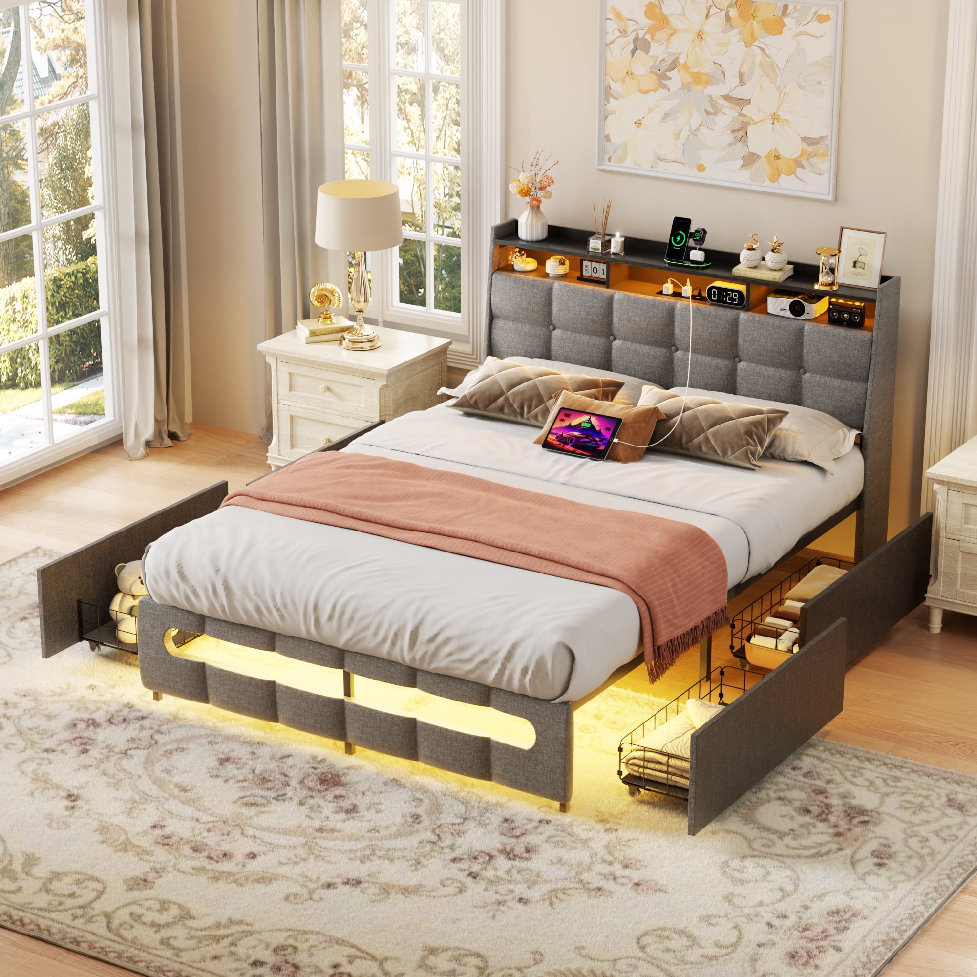 Homieasy Full Size Bed Frame with Drawers Charging Station LED Light, Upholstered Twin Bed Frame with Storage Headboard, Heavy Duty Wood Slats, No Box Spring Needed, Noise Free,Gray