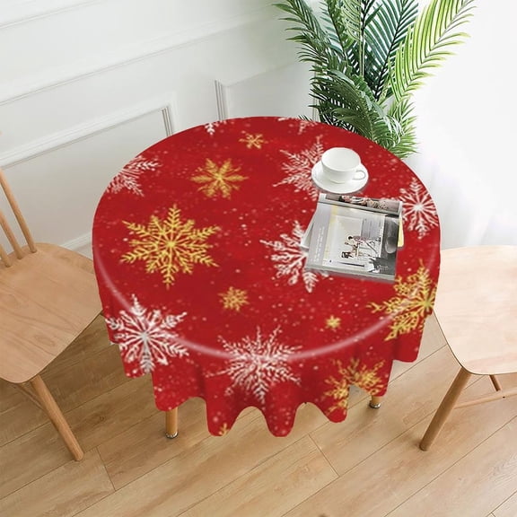 RKSupls 60 Inch Round Tablecloth, Snowflakes Red Gold Premium Polyester Straight Edge Wrinkle Resistant Washable Table Cover for Party Home Dining Decor