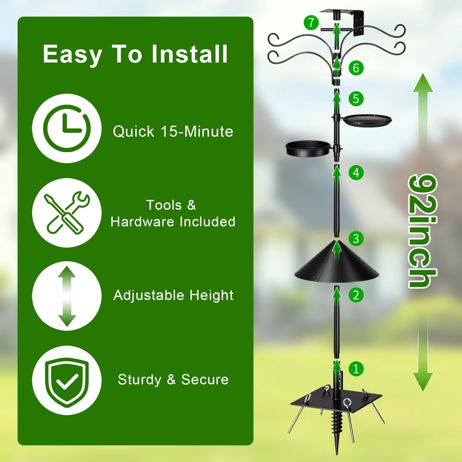 Upgraded Heavy Duty Bird Feeder Pole, 92 Inch Squirrel Proof Adjustable Bird Feeding Station,1 Inch Dia Bird House Pole, 4 Shepherd Hooks for Feeder Stand, Includes Water Bowl & Mesh Tray