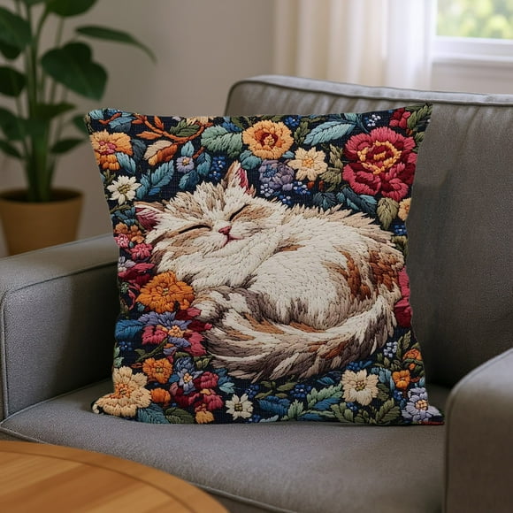 CaiYueKe Embroidered Cat Pillow Cover - Decorative Throw Cushion Case for Sofa and Bedroom, Farmhouse Style Polyester Accent Pillow Sham for Home Decor