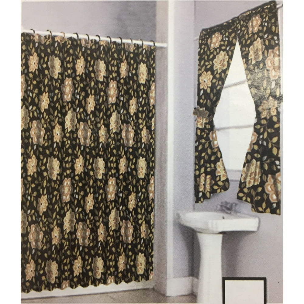Shower Curtain Drapes + Bathroom Window Set w/ Liner+Rings Brown/Beige Flower