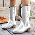 thumbnail image 2 of Rokment Womens Wide Calf Cowboy Boots Fashion Embroidered Leather Pointed Toe Chunky Block Heels Western Mid Calf Cowgirl Riding Boots White Size 6, 2 of 7