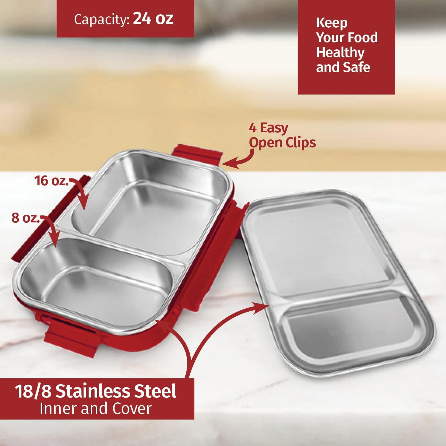 SIGNORA WARE Stainless Steel Bento Box 24 oz Leakproof 2 Compartments Lunch Box – Pink