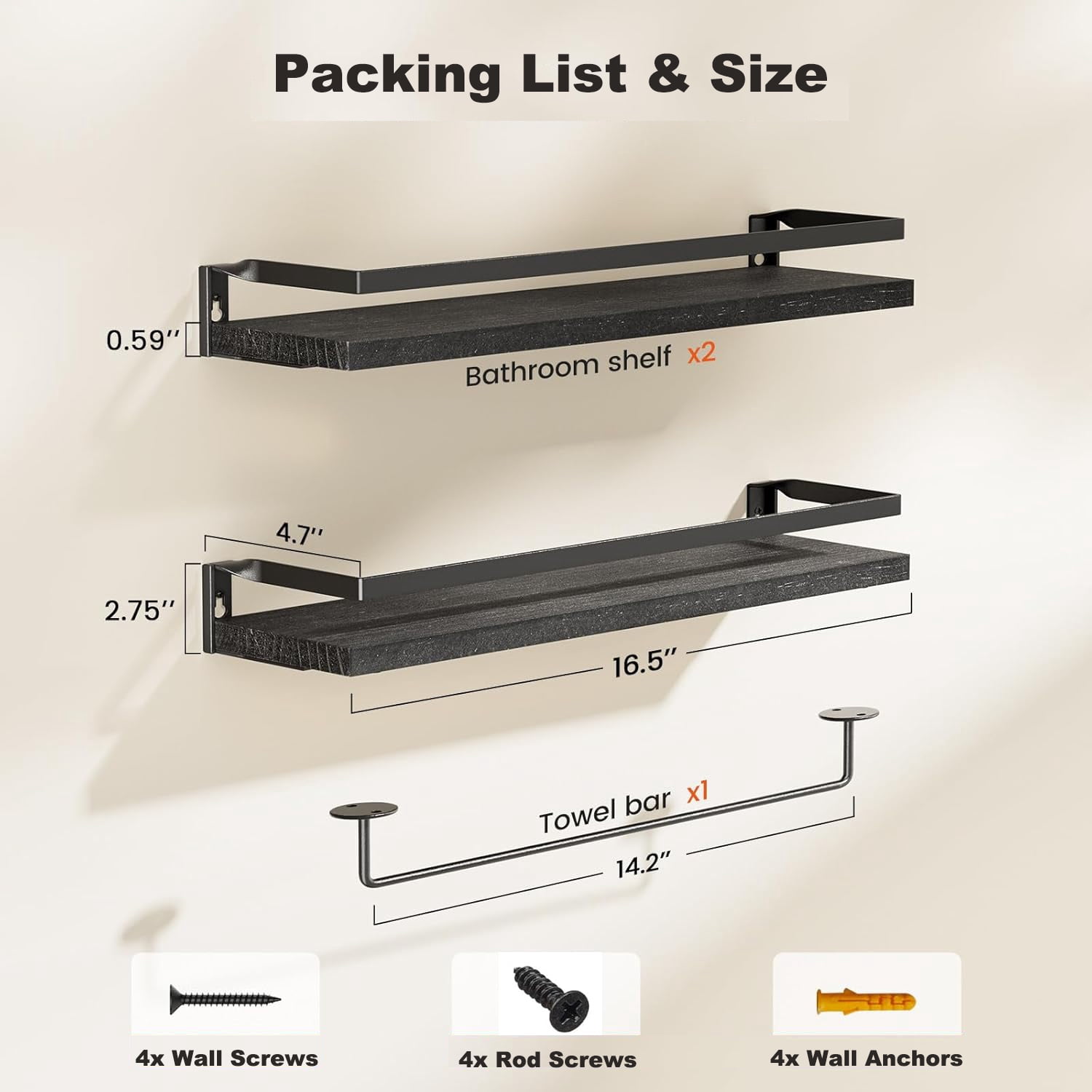 16" Black Wall-Mounted Floating Shelves W/Rack & Towel Bar, Home Decor 2-Tier Wood Storage Shelf for Livingroom Kitchen Bedroom, Bathroom Shelves Over The Toilet