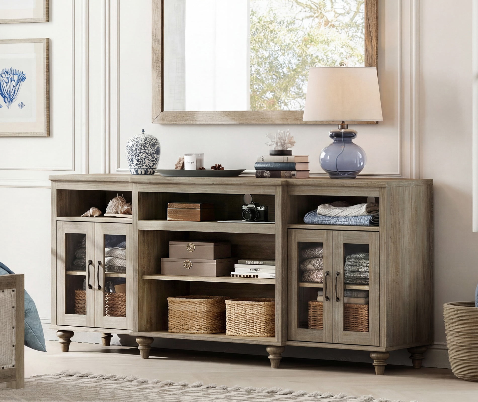 Farmhouse TV Stand for TVs Up to 75 inch, 4-Door Glass and Wood Universal TV Console with 9 Storage Cabinets, Entertainment Center Table for Living Room Bedroom, Wash Grey