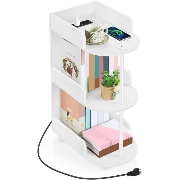 Modern minimalist three-tier bedside table with charging station, built-in USB port and power outlet, suitable for bedrooms and living rooms. White narrow-sided table, space-saving design.