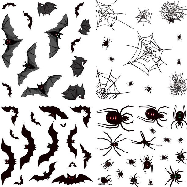 4 hojas de pegatinas de cristal para ventana de Halloween, calcomanías de pared de araña murciélago negra