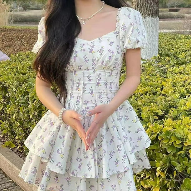 Vestido Floreado Mujer Corto Corto Vestido Blanco Con Flores