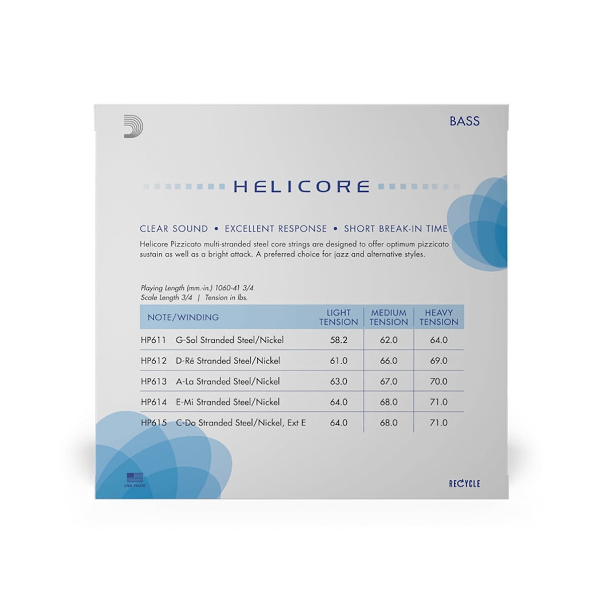 D'Addario Helicore Pizzicato Bass String Set, 3/4 Scale, Medium Tension