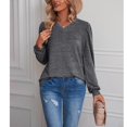 thumbnail image 2 of Camisa de manga larga para mujer Manga abullonada Manga larga Cuello en V Color puro Camisetas básicas para mujer Gris oscuro S, 2 of 6