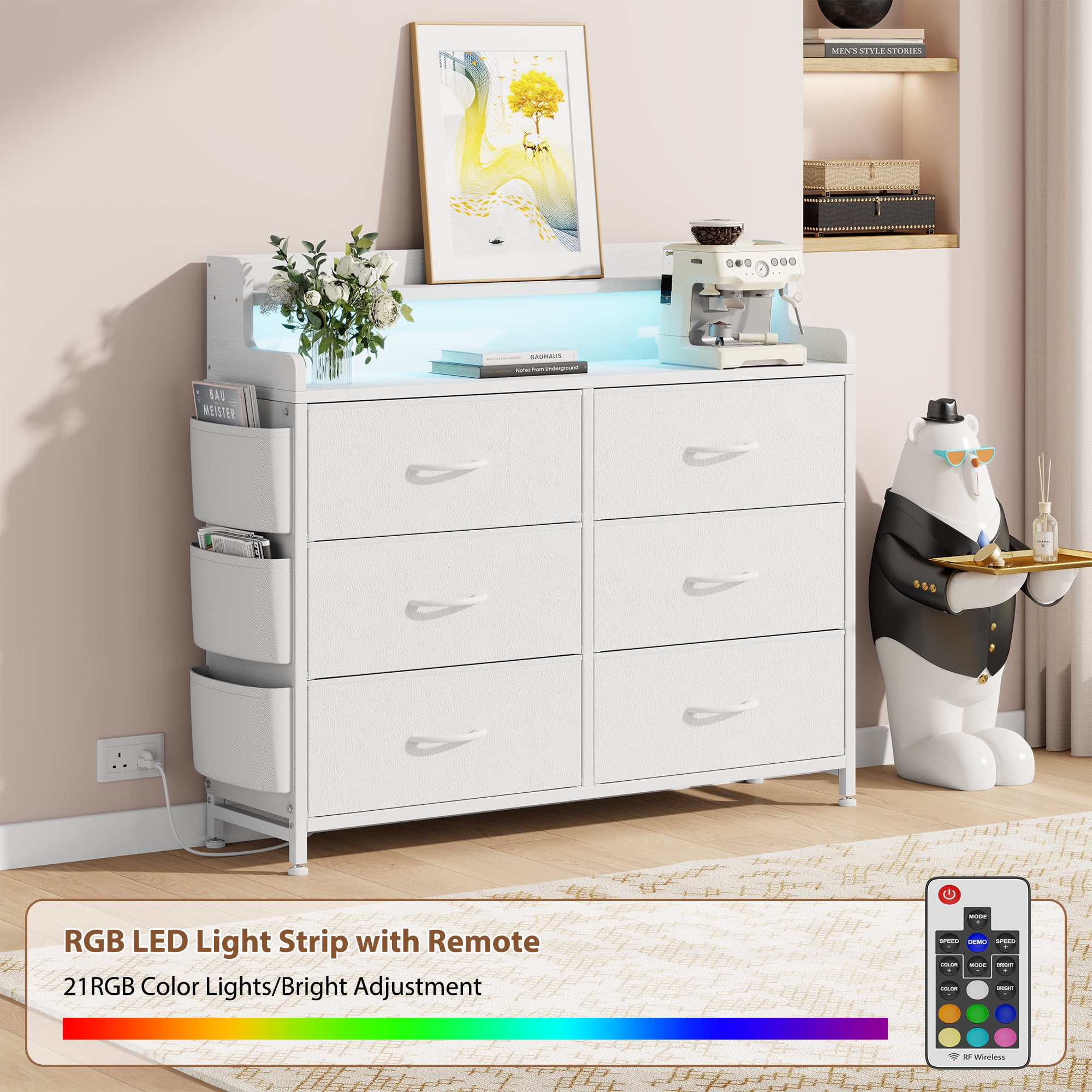 GIKPAL White Dresser for Bedroom 6 Drawers - Fabric Dressers for Bedroom with LED Light & Charging Station - Chest of Drawers for Living Room Hallway Closet,White