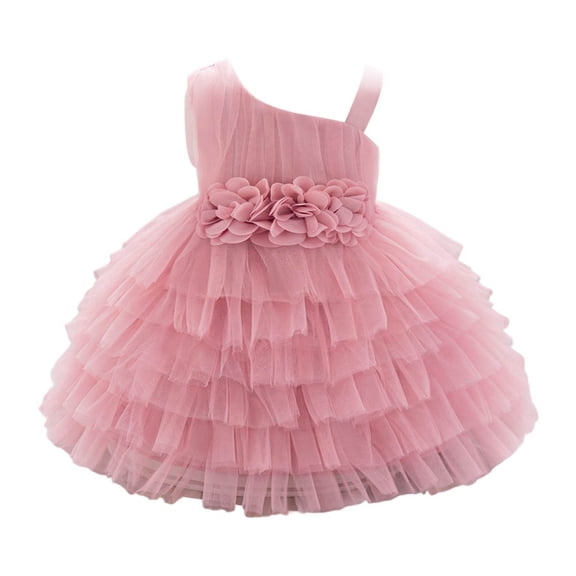 VNKIDY Girls Carnival Dress Kids Solid Color One Shoulder Tutu Dress Multi Layer Tulle Flower Decor Belt Flared Ruffled Dress For Party Holiday Special Occasions Wear Stylish Dress