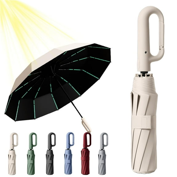 Ring Buckle Umbrella, Ring Buckle Umbrella Windproof, Reflective Safety Strip, 49In Compact Folding Durable Travel Reverse (Black)