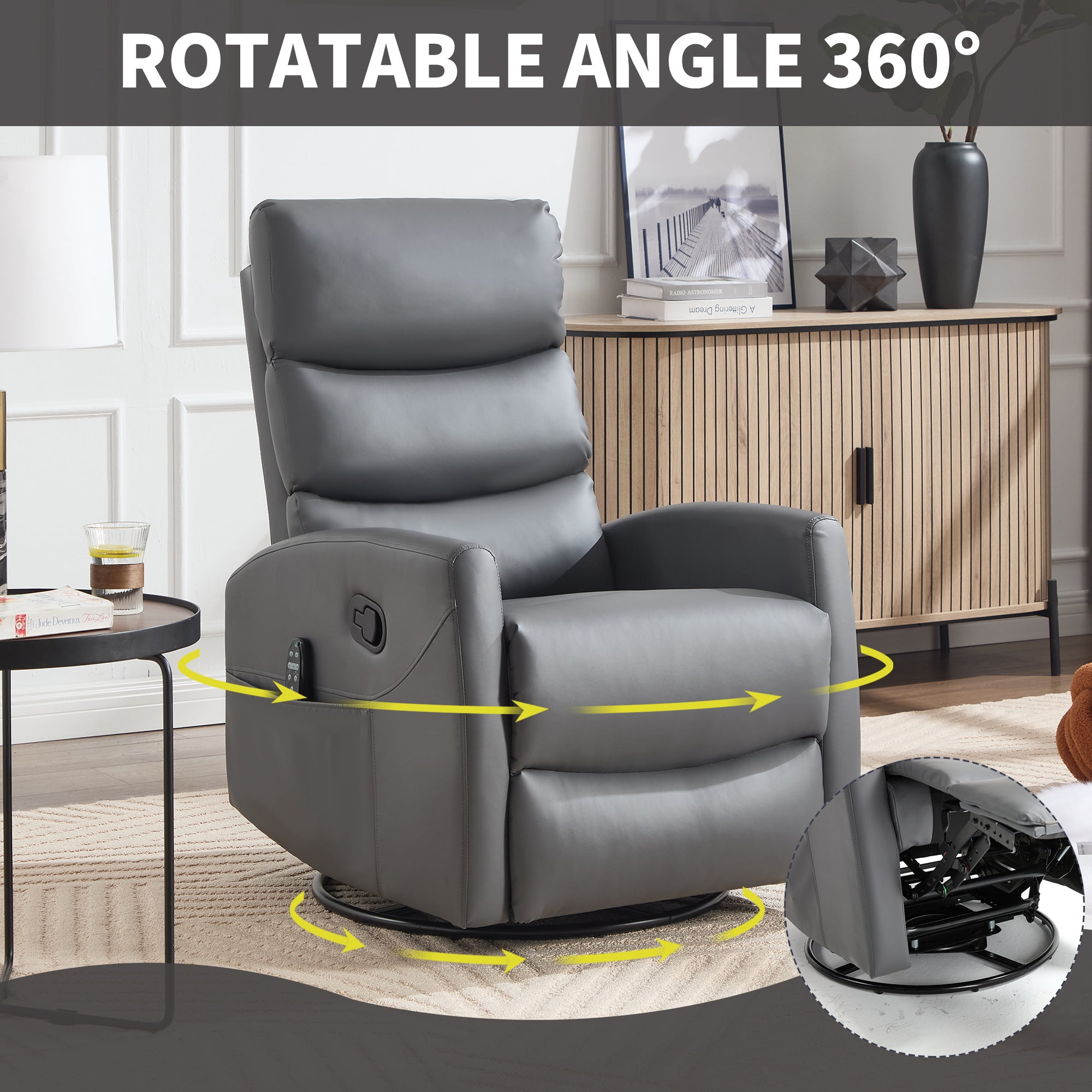 PAPROOS Rocker Recliner with Heat Therapy and Massage, PU Leather 360°Swivel Rocker Recliner, Rocking Chair for Nursery, Small Rocking Recliner, Manual Recliner for Home Theater, Dark Gray