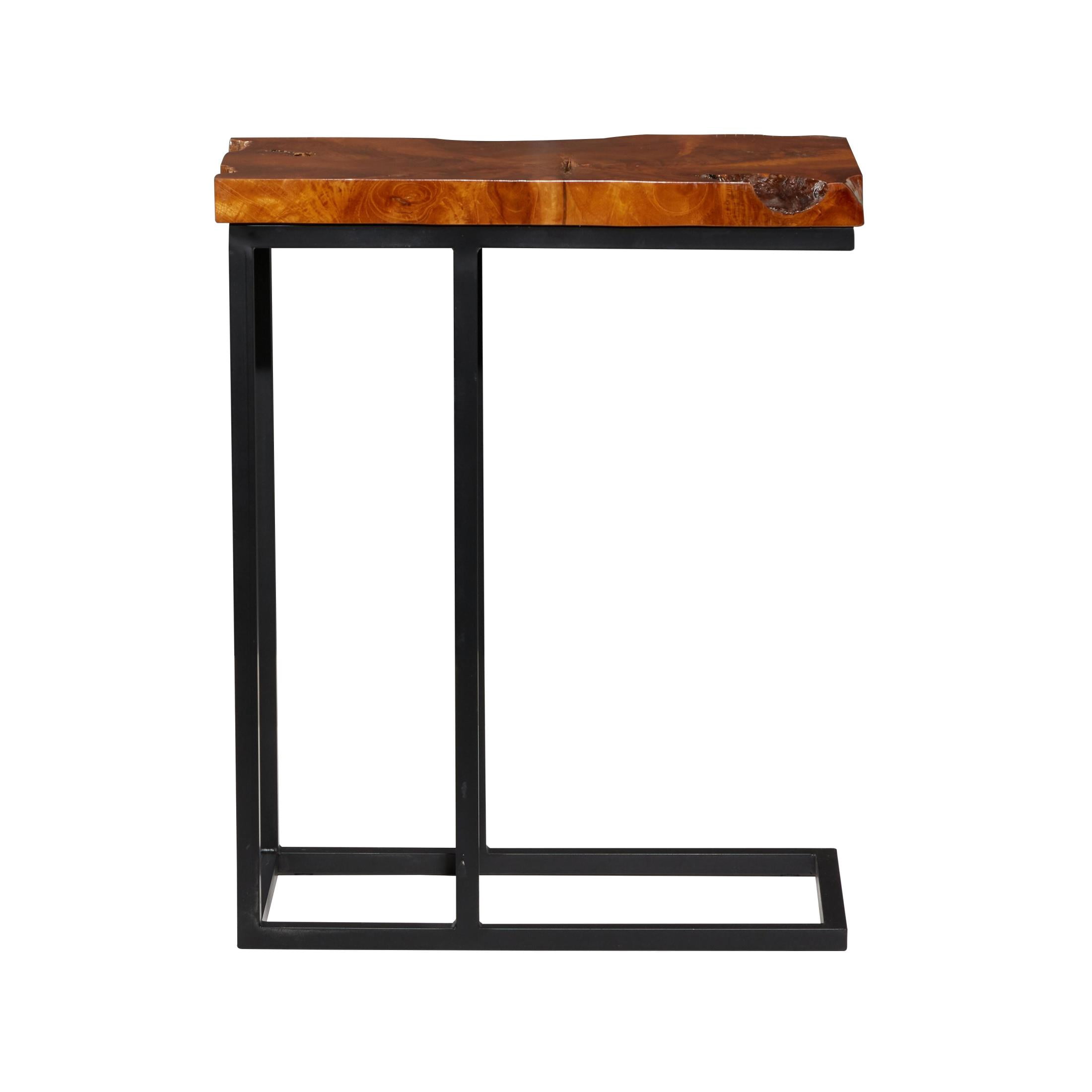 DecMode 11" x 25" Brown Teak Wood Live Edge Top Accent Table with Black Metal Base, 1-Piece