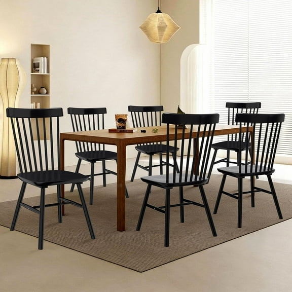Dhole Windsor Spindle Back Dining Chair Set of 6, Solid Hardwood Kitchen and Dining Room Seating in Black