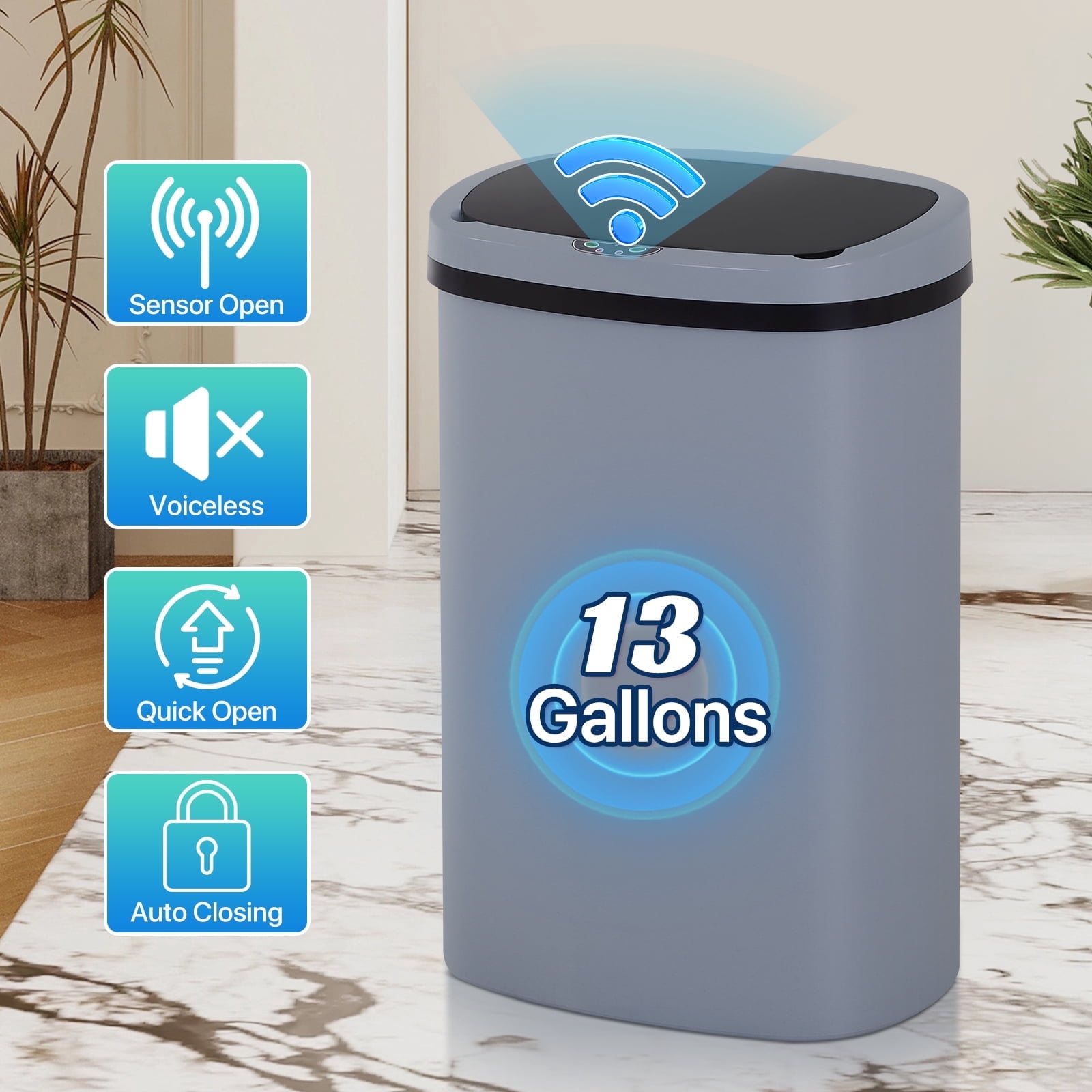 13 Gallon Plastic Garbage Can Kitchen Trash Can Automatic Touch Free Trash can with Lid 50 Liter Waste Bin Mute Anti-Fingerprint for Bedroom Home Office Living Room, Gray