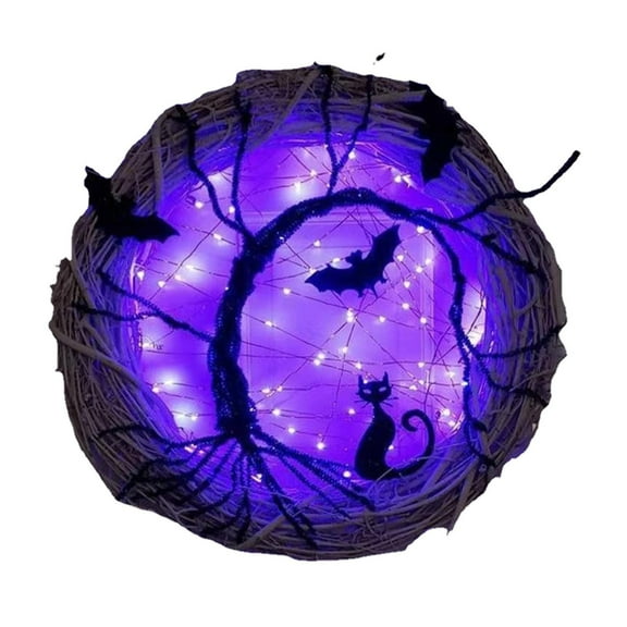 kjfeif Halloween Wreaths for Front Door, Halloween Lighted Wreath with Bat and Cat Decor, Purple Lights Battery Operated, Front Door Porch Wreath Decorations for Holiday Party Décor