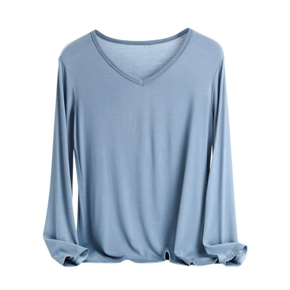 JUUYY Women Base Shirts V Neck Long Sleeve Modal Cotton Tops T-Shirt Basic Tees Casual Solid Lightweight Shirt Light Blue XXL