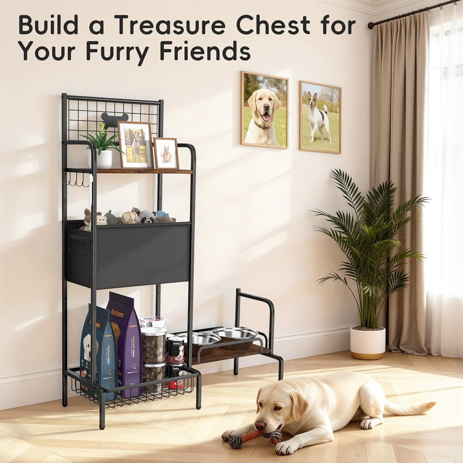 Elevated Dog Bowl Stand with Storage Organizer, Adjustable Raised Pet Feeding Station for Large Medium Small Breed