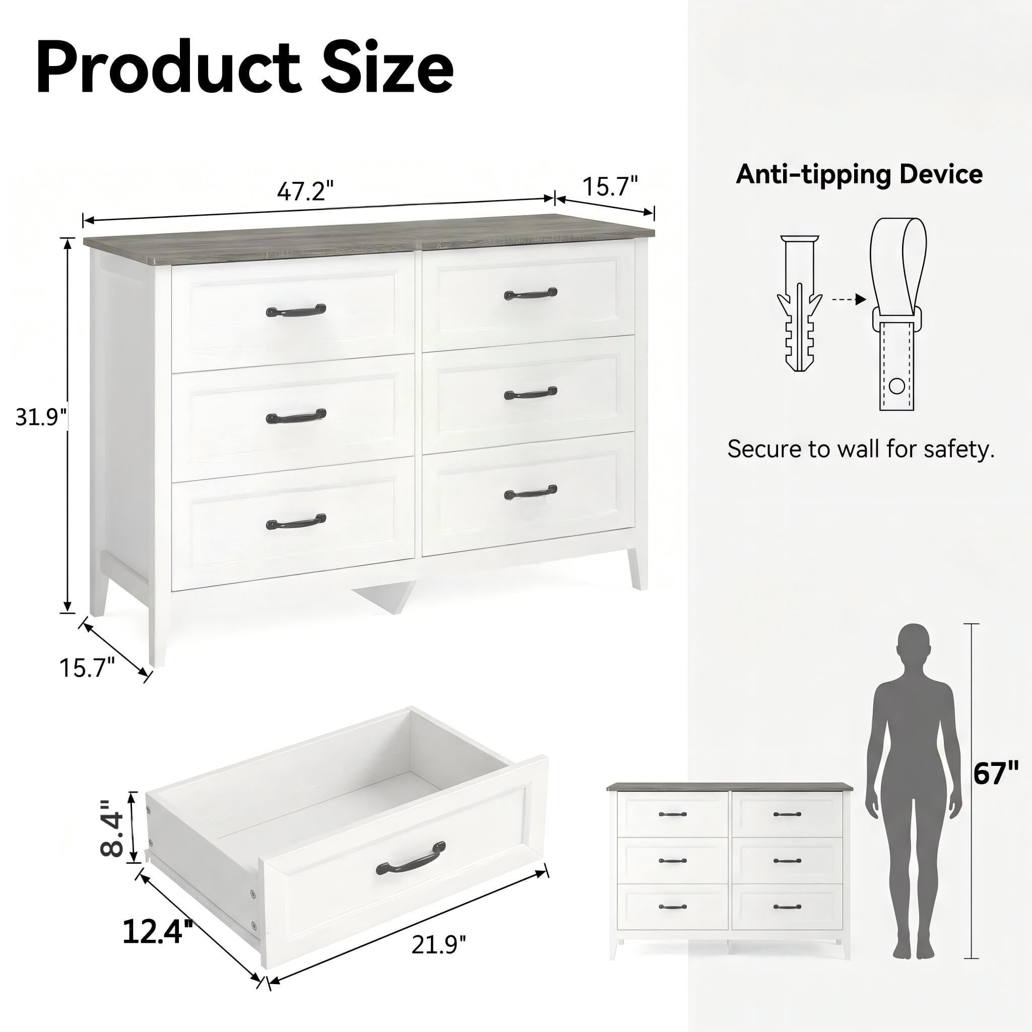 Lofka White Wooden 6 Drawer Dresser for Bedroom, Wide Storage Organizer Cabinet for Closet Living Room