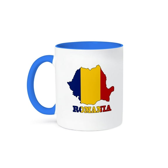 3dRose, The flag of Romania in the outline map and name of the country, Romania., 11oz Two-Tone Blue Mug