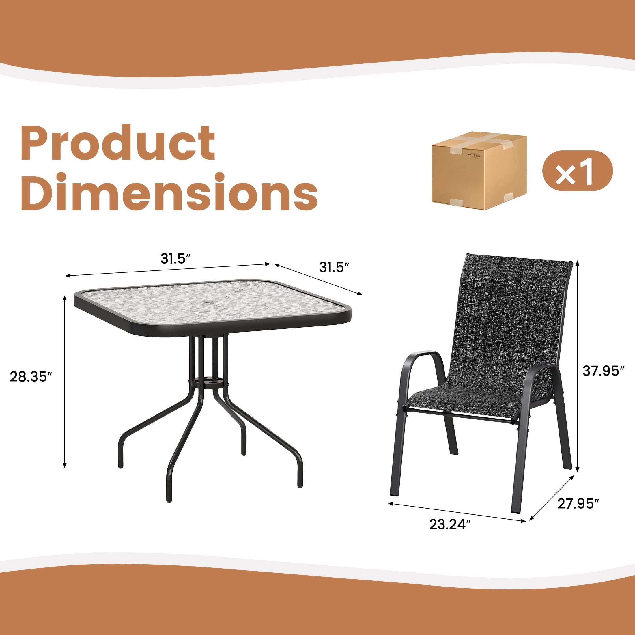 ELPOSUN Outdoor Dining Set of 5, Patio Table and Chairs Set, Textured Glass Tabletop, 4 Stackable Patio Chairs, Patio Furniture, Balcony, Porch, Lawn- Dark Grey