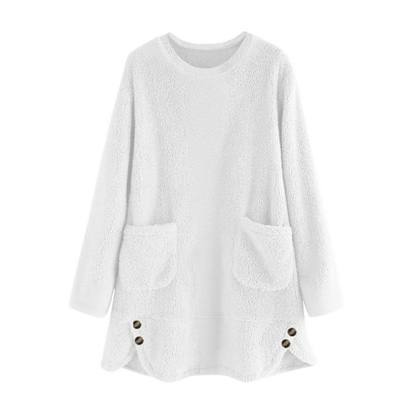 Lenpel Women's Fuzzy Fleece Sweatshirts Casual Long Sleeve Crewneck Side Split Hem Pullover Tunic Tops Plush Warm Sweatshirts with Pockets(White,Large)