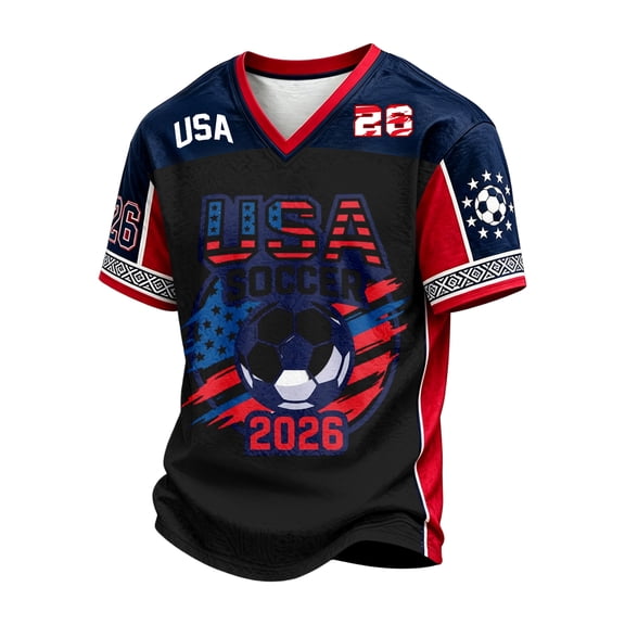 USA 2026 Soccer Cup V-Neck Jersey for Men, Short Sleeve Football Shirt with "USA SOCCER" & Stars Stripes Graphic, Breathable Athletic Fan Top, 1 PC Black L