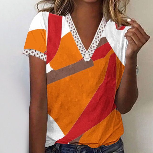 Hauts d'Été pour Femmes 2023 Mode Oversize Col en V Patchwork en Dentelle Manches Courtes Blouse Décontractée Chemises Col en V en Dentelle pour Femmes