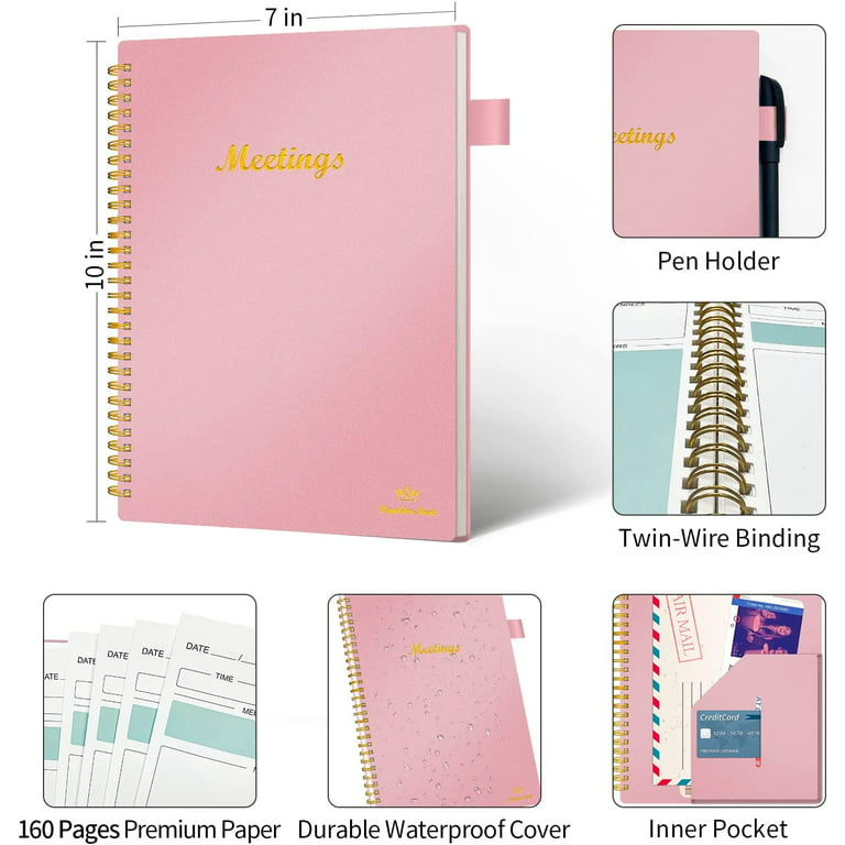 Meeting Notebook for Work With Action Items, Spiral Meeting Notes Notebook,  7”X10” Project Planner Organizer For Office Meeting Agenda Book 210 Pages