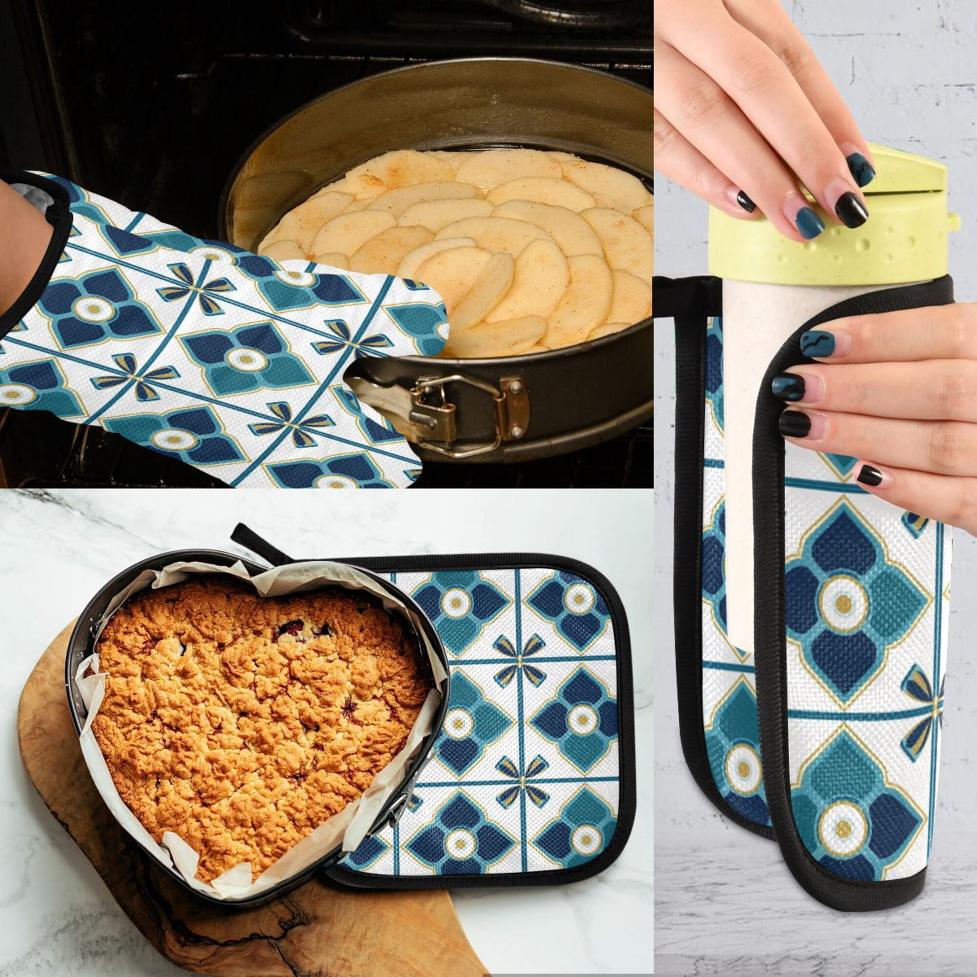 Yayeee Oven Mitts and Pot Holder Set of 2 Heat Resistant Kitchen Gloves Baking Hot Pad, Blue Mosaic Pattern