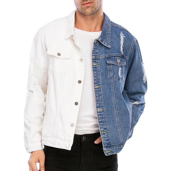 LZLER Jean Jackets for Men Ripped Color Block Denim Jacket