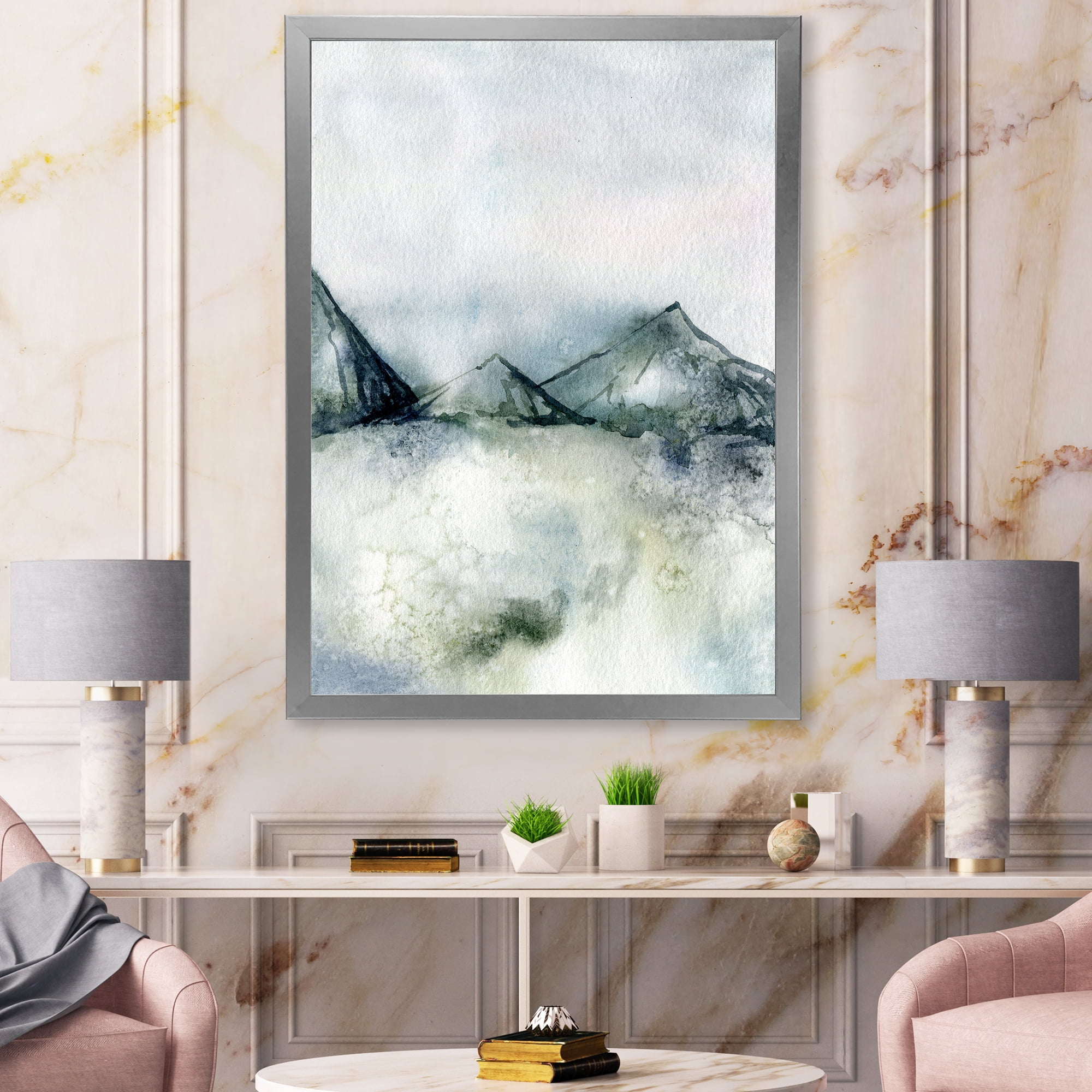 Designart 'Dark Blue Mountain Landscape Winter Minimalistic' Modern Framed Art Print