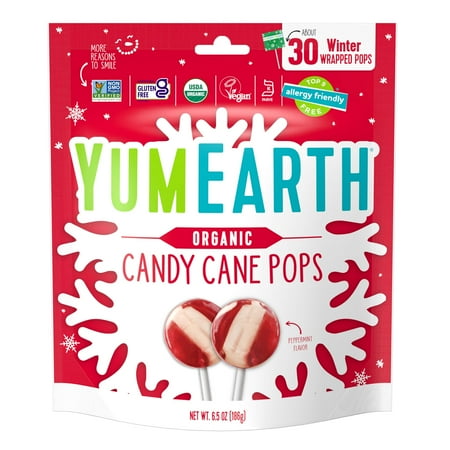 YumEarth Organic Candy Cane Pops, Peppermint, Gluten Free, Shelf-Stable, 30 Count Box