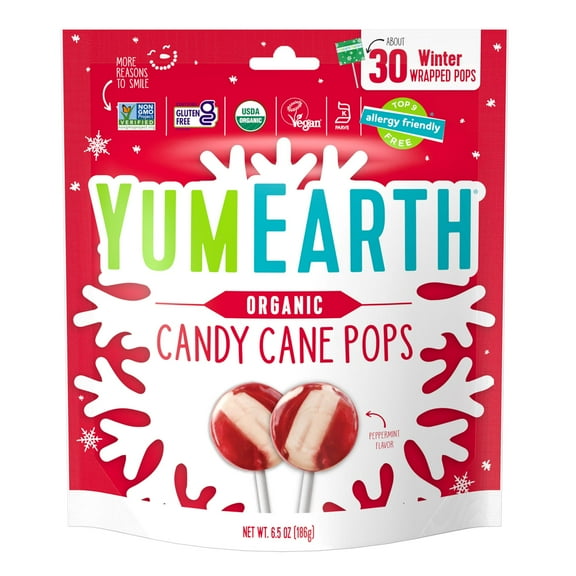 YumEarth Organic Candy Cane Pops, Peppermint, Gluten Free, Shelf-Stable, 30 Count Box