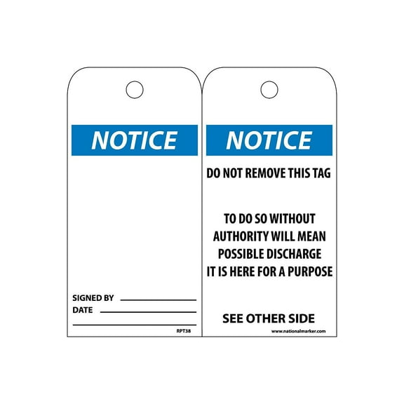 National Marker Accident Prevention Tags; Notice 6" x 3" Unrip Vinyl 25/Pack RPT38