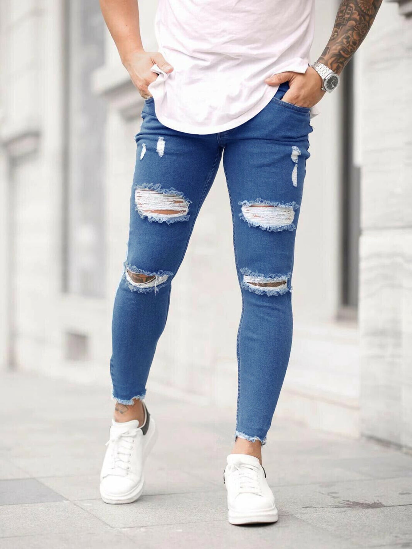 Men Ripped Raw Hem Jeans XS(2) Medium 